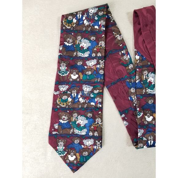 Ho Ho Ho Men Tie Christmas Teddy Bear Burgundy Silk Vintage Collectible - Picture 2 of 9